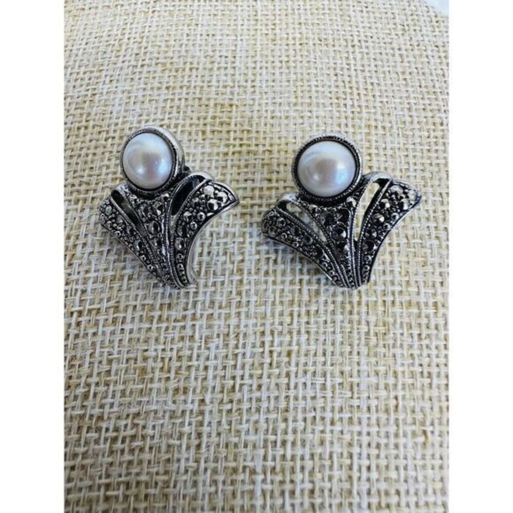 VTG Kjl For Avon Faux Marcasite Faux Pearl Floral Design‎ Earring Set Art Deco